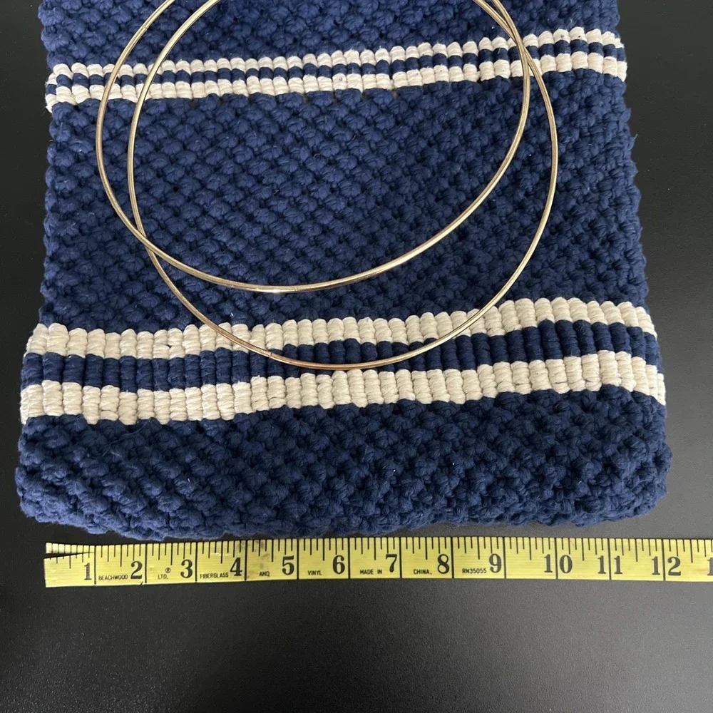 Vintage Handmade 70s Macrame Purse Bag Round Handles Nautical Boho Navy Gold